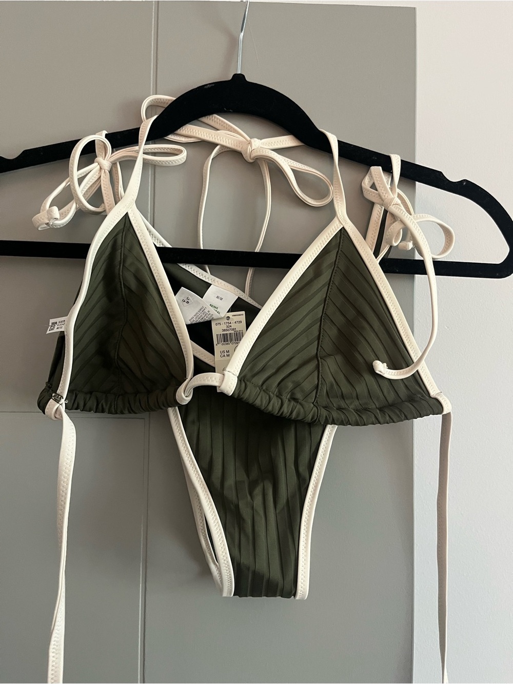 aerie Olive Green Ribbed Triangle Bikini with Cream Trim